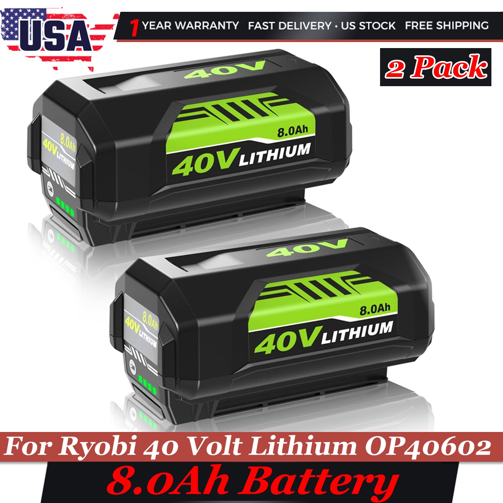 2Pcs 40V 8.0Ah Battery for Ryobi 40 Volt with LED Lithium OP40602 OP4050 OP40261