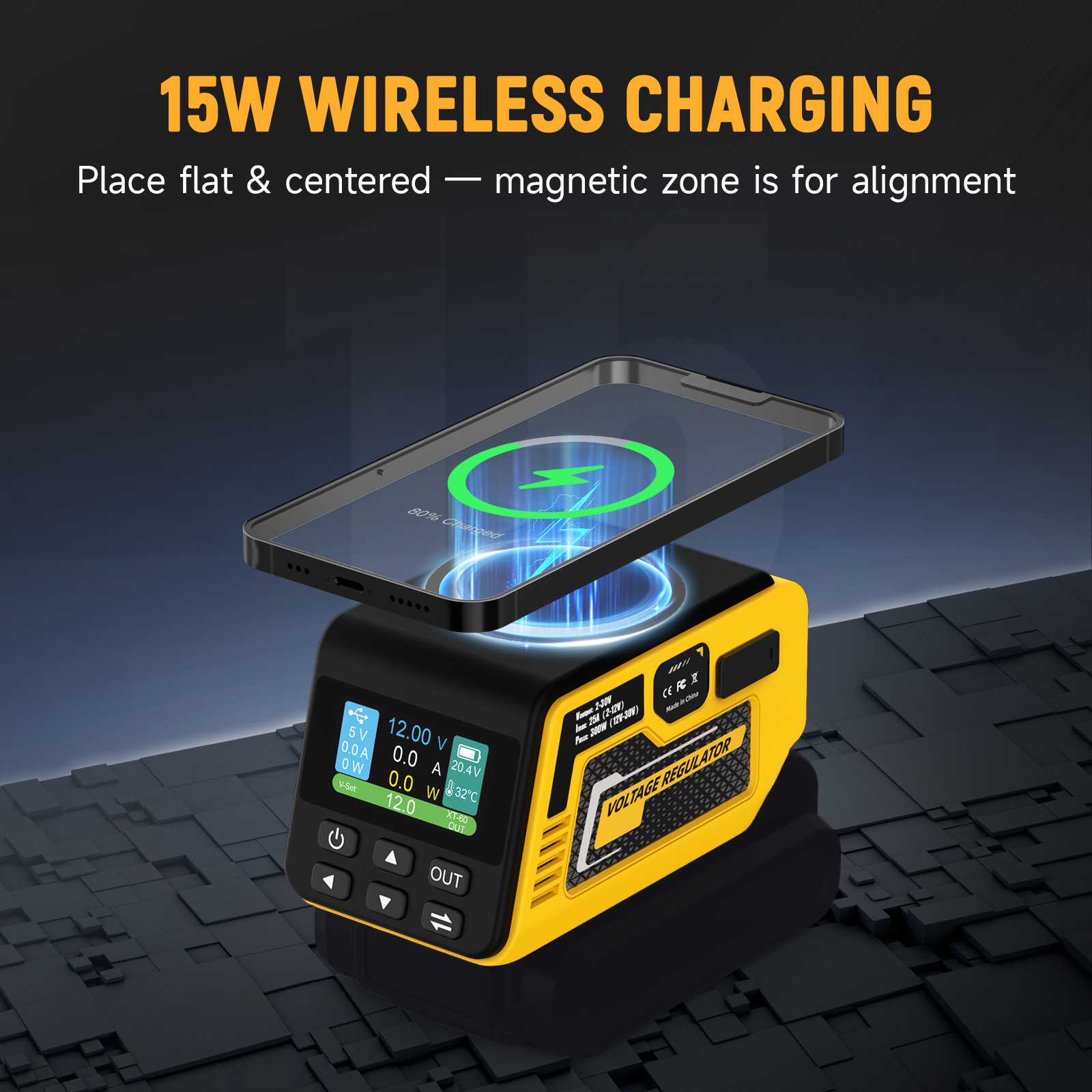300W Adjustable Voltage Regulator Compatible with Dewalt 20V Battery, DC 2-30V