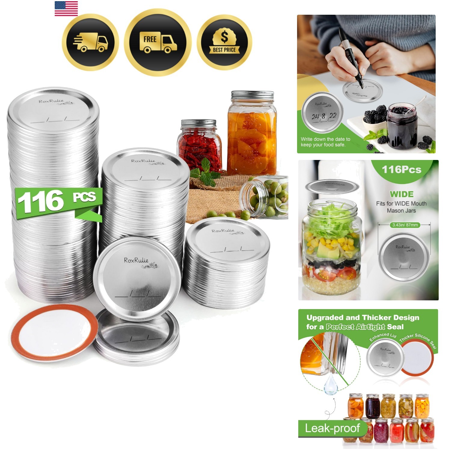Canning Lids Wide Mouth 3.43in 87mm Leak-Proof Food Grade Jar Lids 116pcs