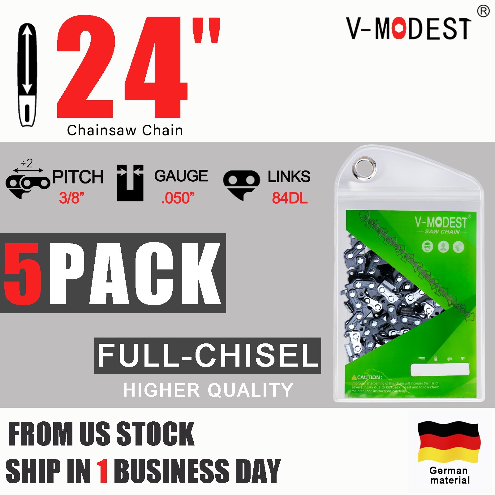 5PACK 24-In Chainsaw Chain For Stihl Husqvarna Full Chisel 3/8 Gauge .050″ 84DL