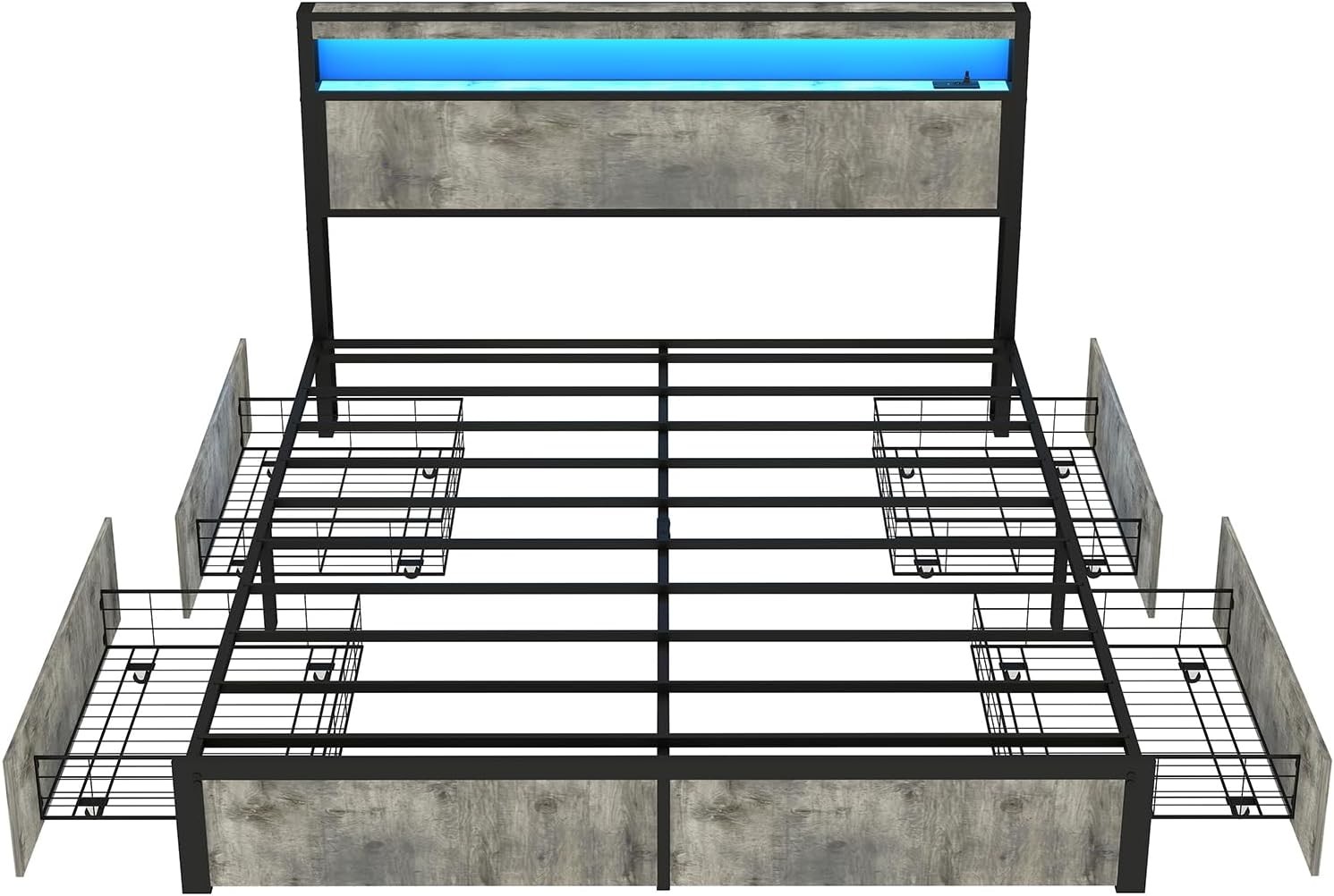 Full Queen King Bed Frame with Storage Headboard ,Charging Station & LED Lights
