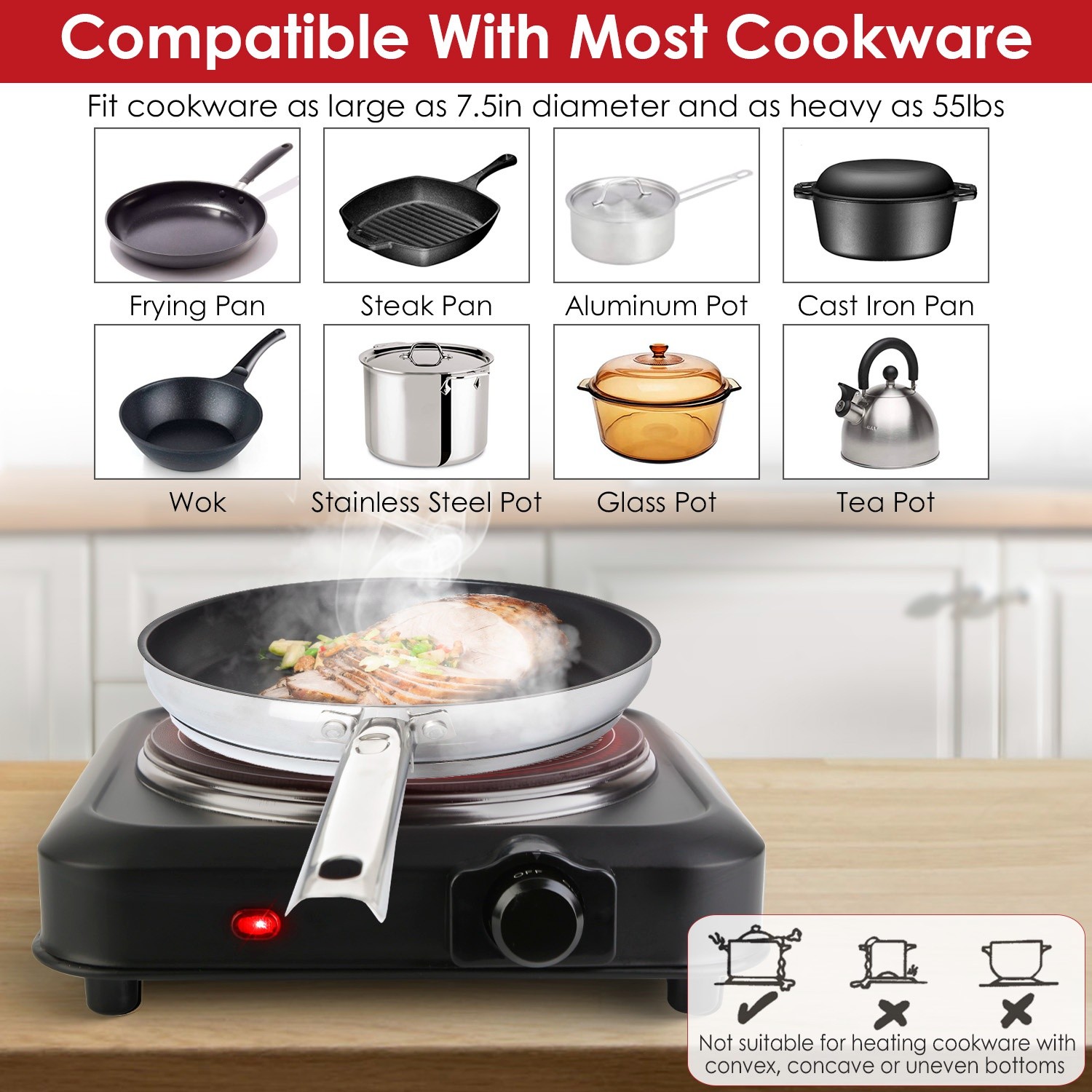 Adjustable Temperature Electric Burner Countertop Hot Plate Cooktop Stove
