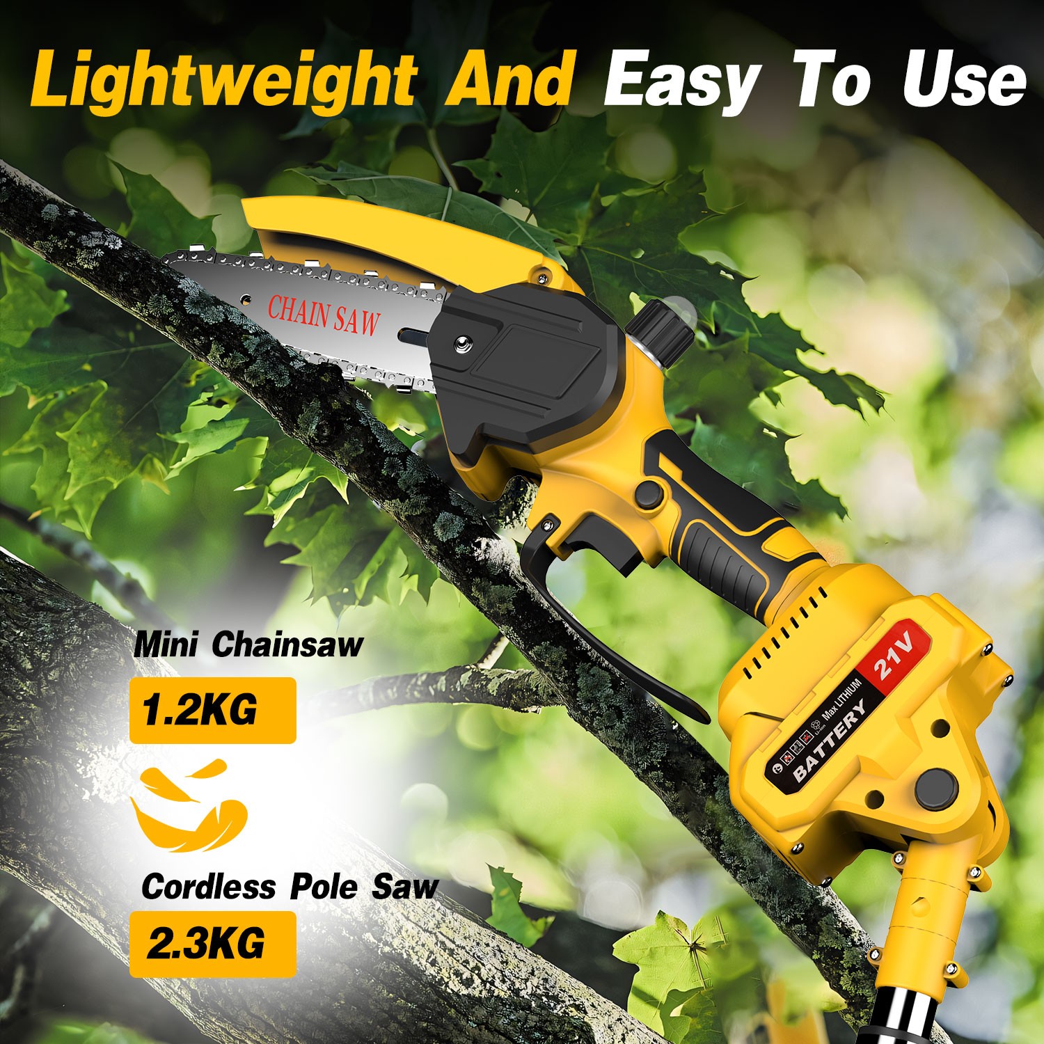 21V Cordless Pole Saw 6″ Mini Chainsaw 2-in-1 Tree Trimming Extension Rod Saw