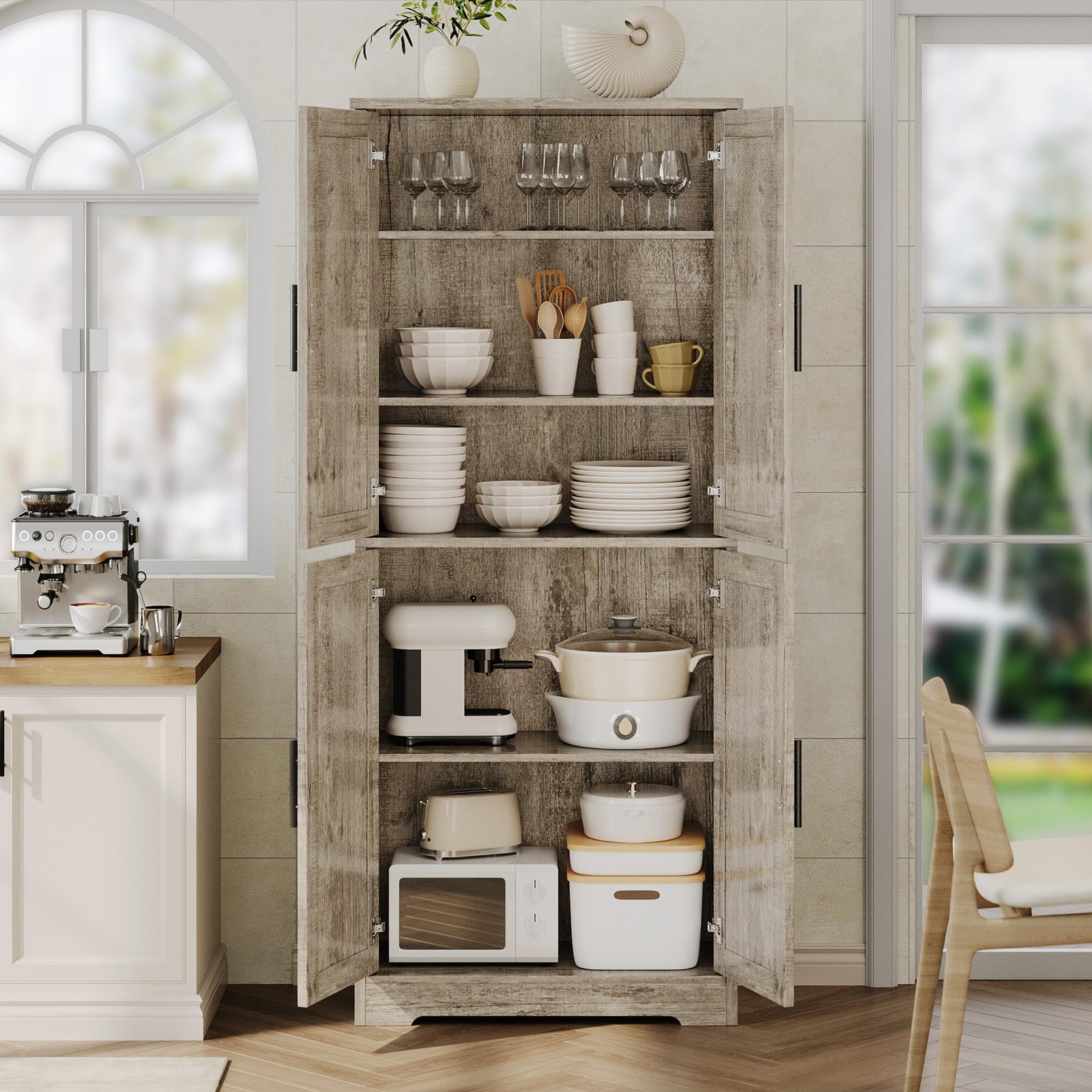 70″ Tall Kitchen Pantry Cabinet Storage Cabinet W/ 4 Doors & Adjustable Shelves
