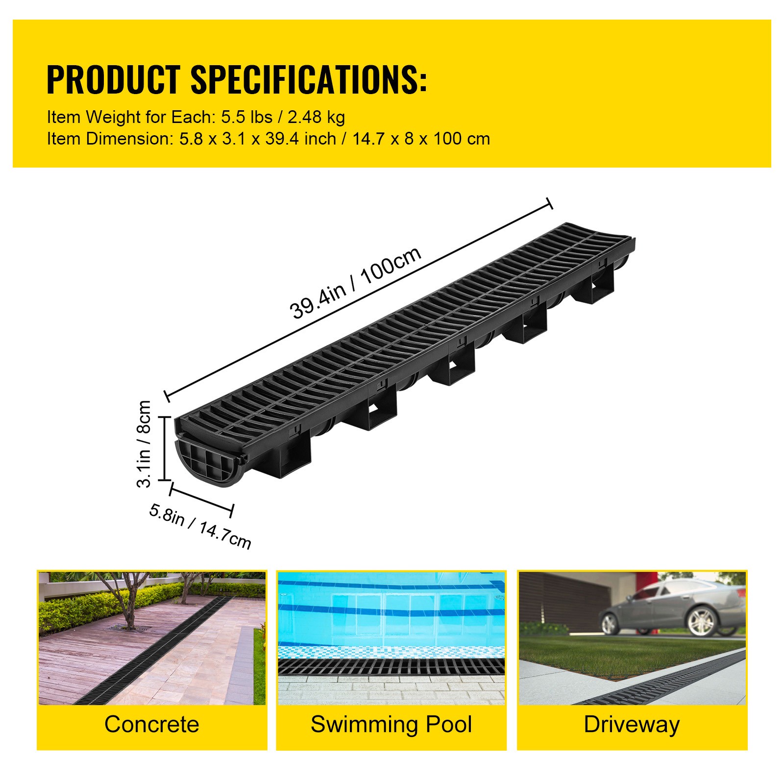 VEVOR Drainage Trench Driveway Channel Drain Kit Plastic Grate-5.8″x3.1″-6 Pack