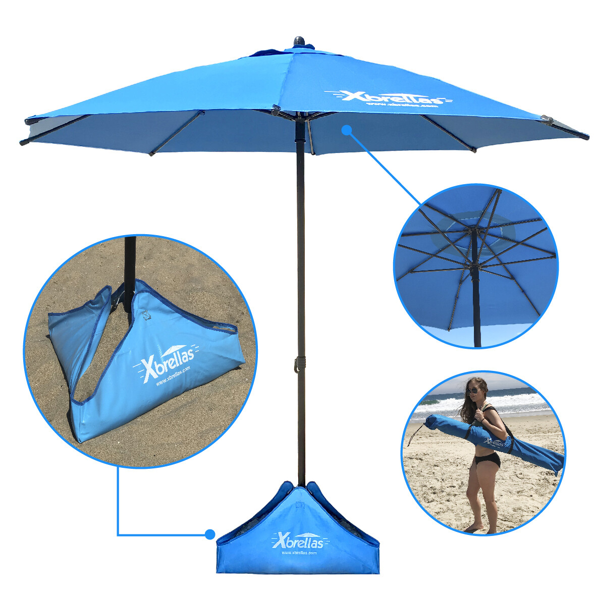 Xbrella – Wind Resistant Beach Umbrella – Sand Base – 7.5’ Round, Patent Pending