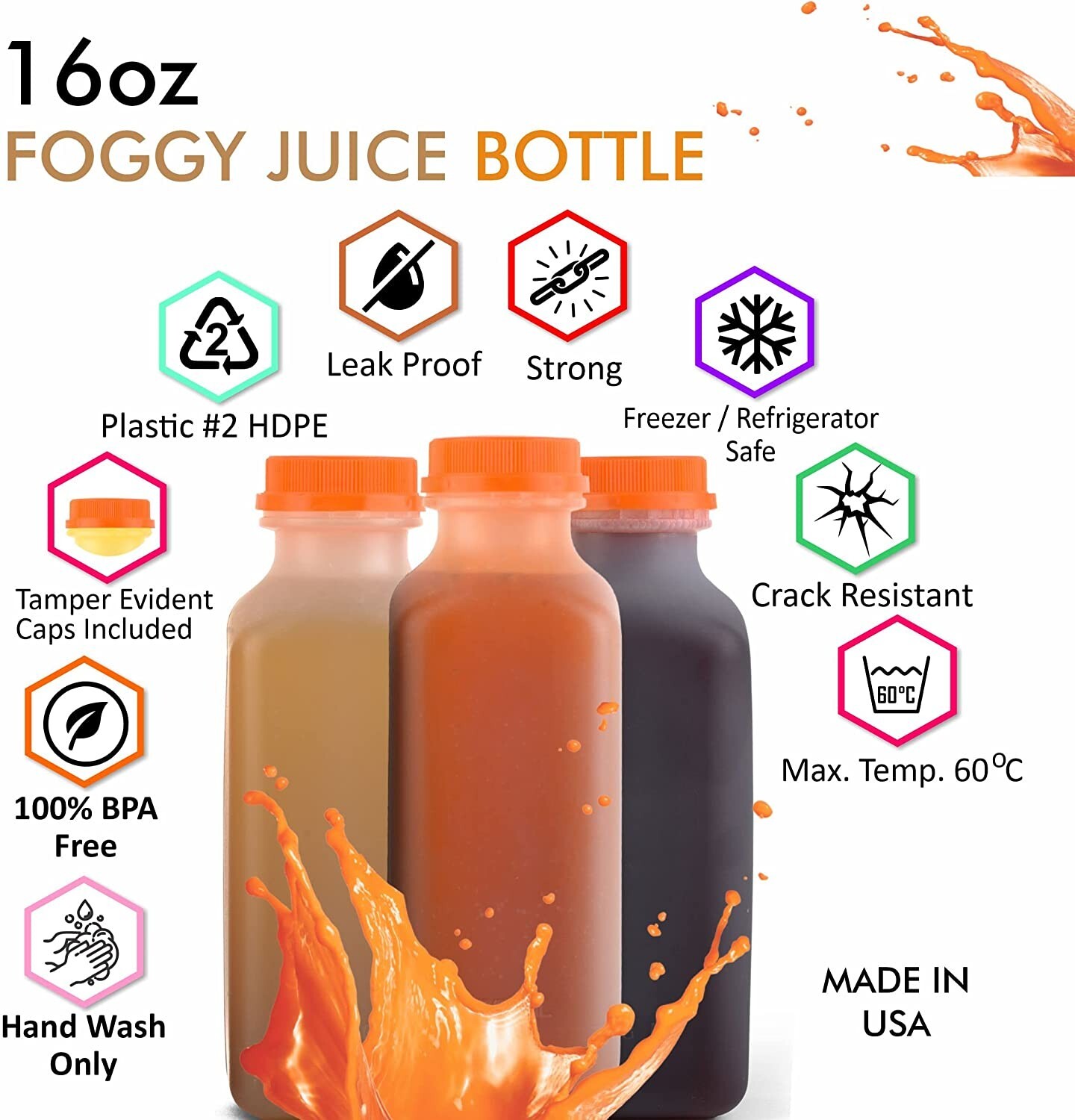 300 Pack Empty Translucent Plastic Juice Bottles with Tamper Evident Caps 16 Oz.