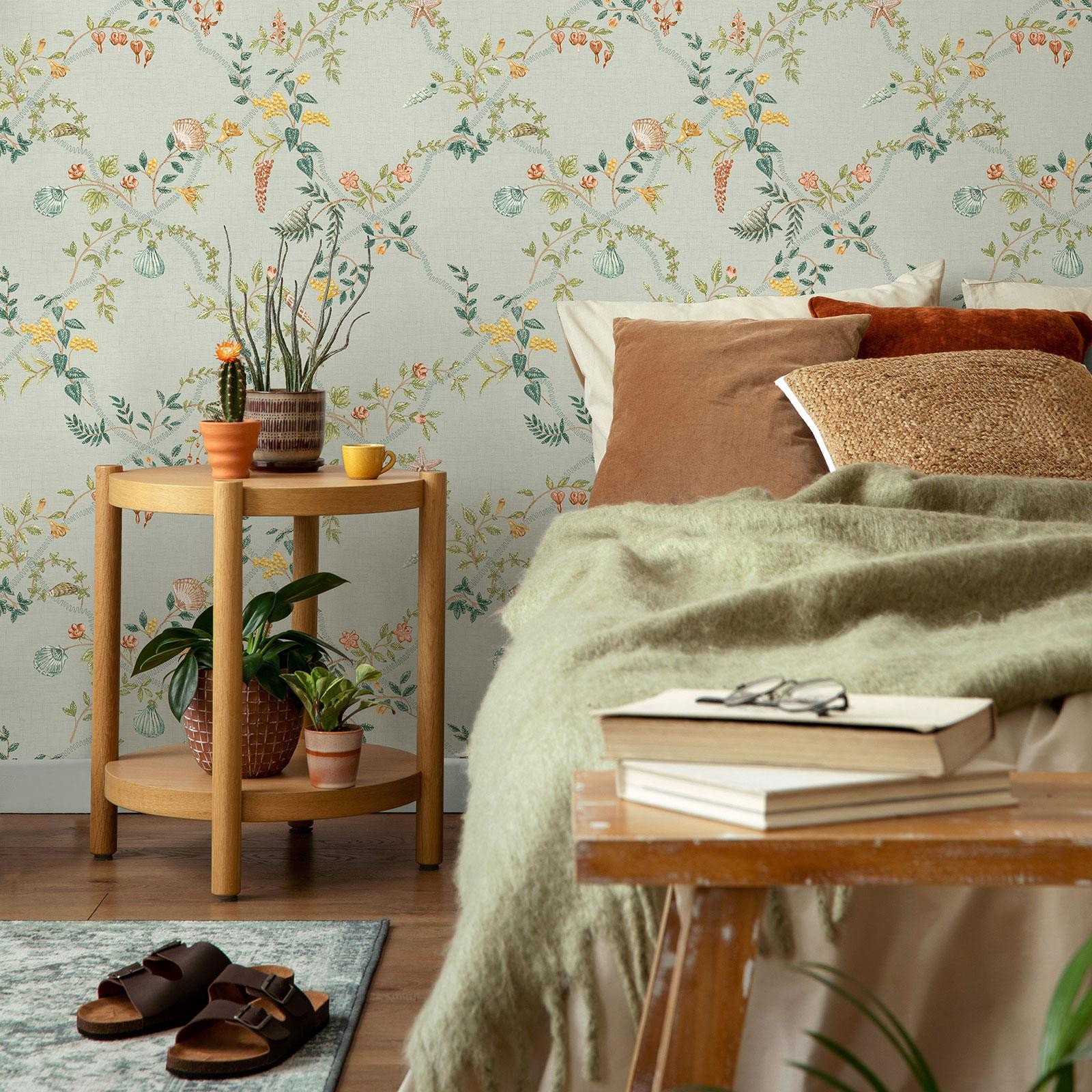 Botanical Pattern Wallpaper Holden 14331 Shell Trellis Feature Wall Blue/Multi