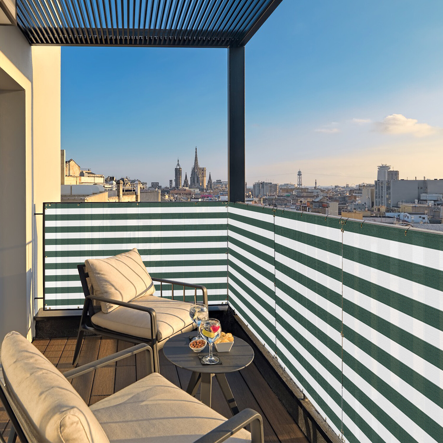35in Balcony Fence Screen Privacy Deck Patio Shelter Shade Cover Green Stripe