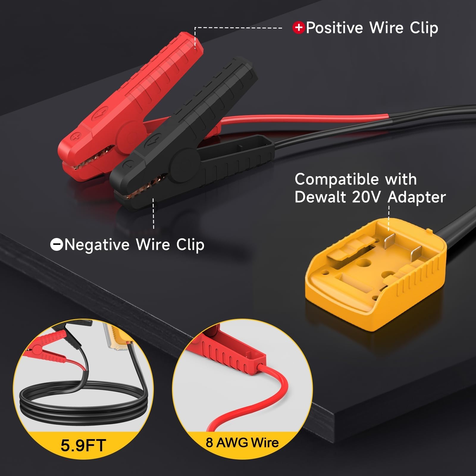 Portable 8AWG 5.9FT Jumper Starter Clamps Compatible with Dewalt 20V Battery