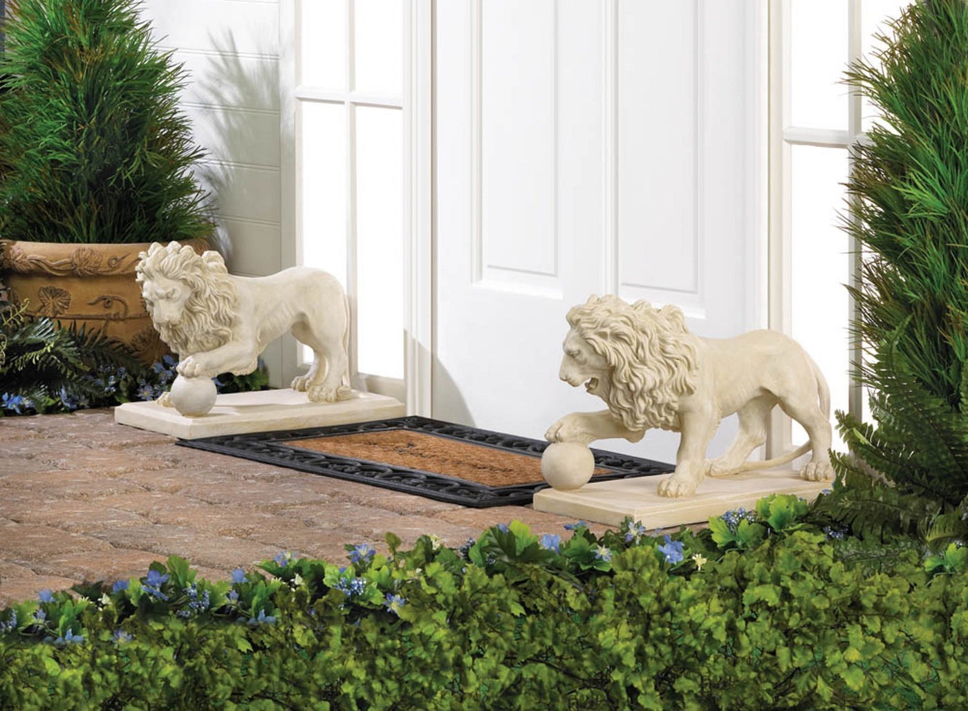 2 Pc Set Regal Lion Statue Duo Paw Orb