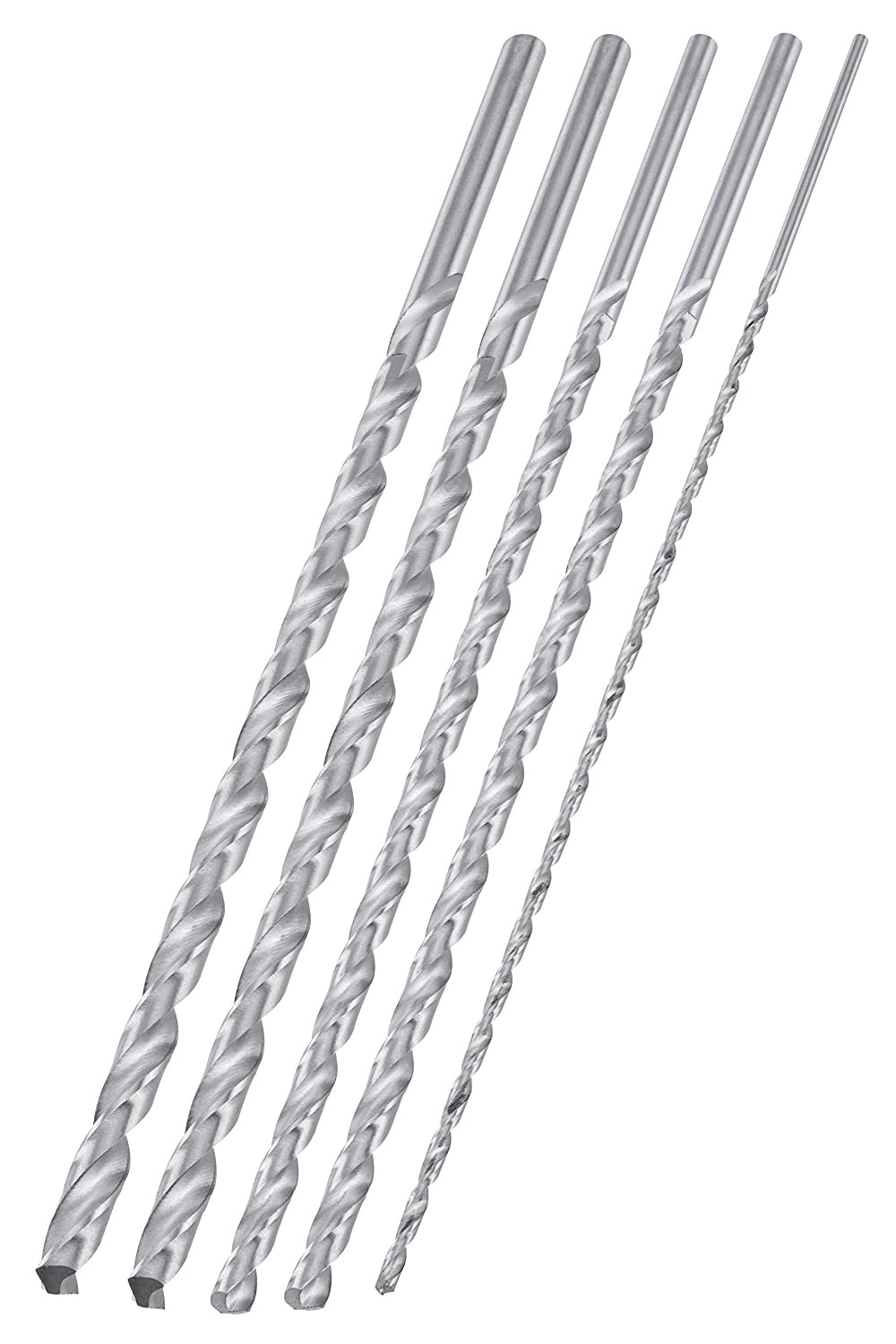 Extra Long Drill Bit Set 5-Piece 1/8, 3/16, 1/4, 5/16, and 3/8-Inch M2 HSS Steel
