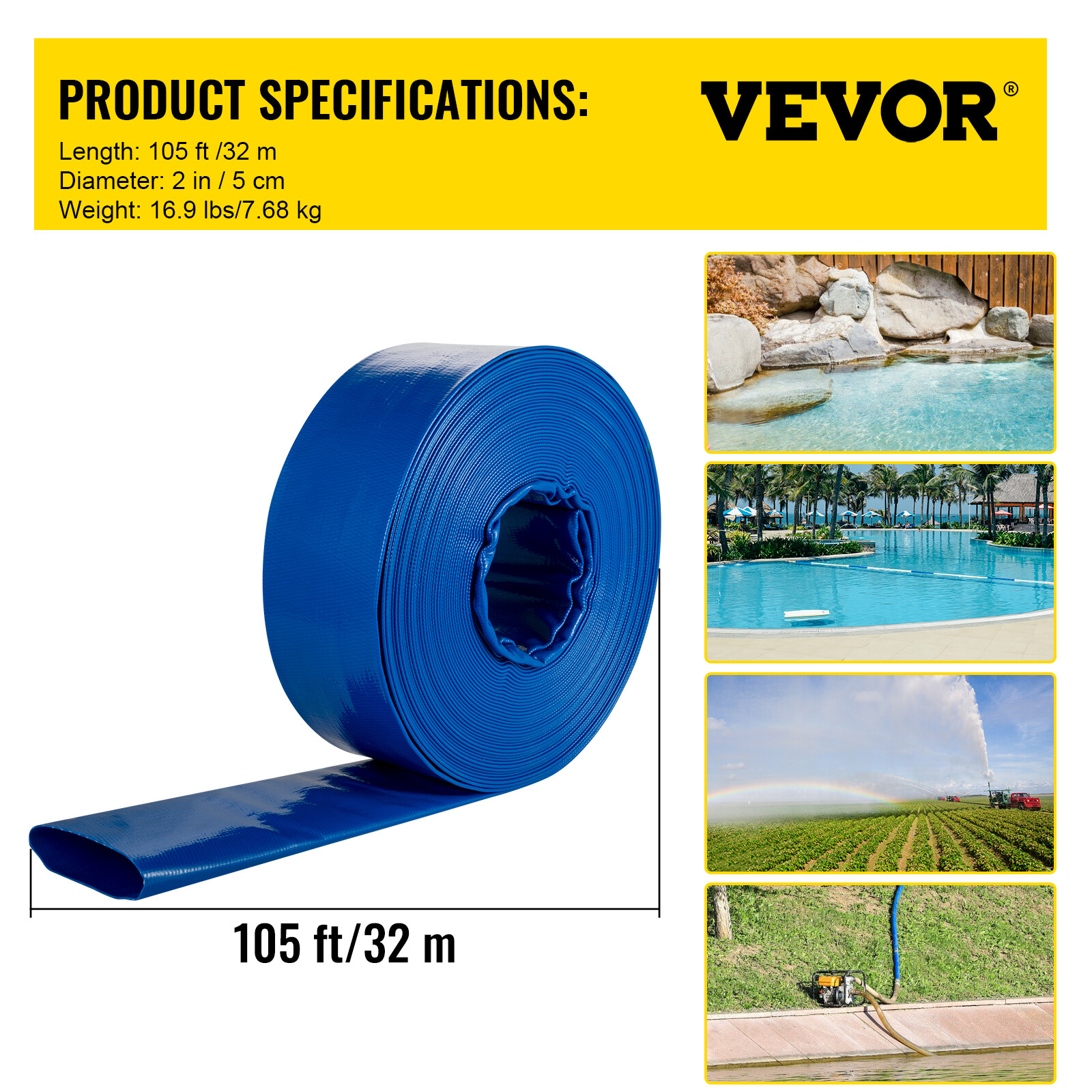 VEVOR Discharge Hose 2″x 105′ PVC Lay Flat Hose Backwash Drain Hose w/ Clamp