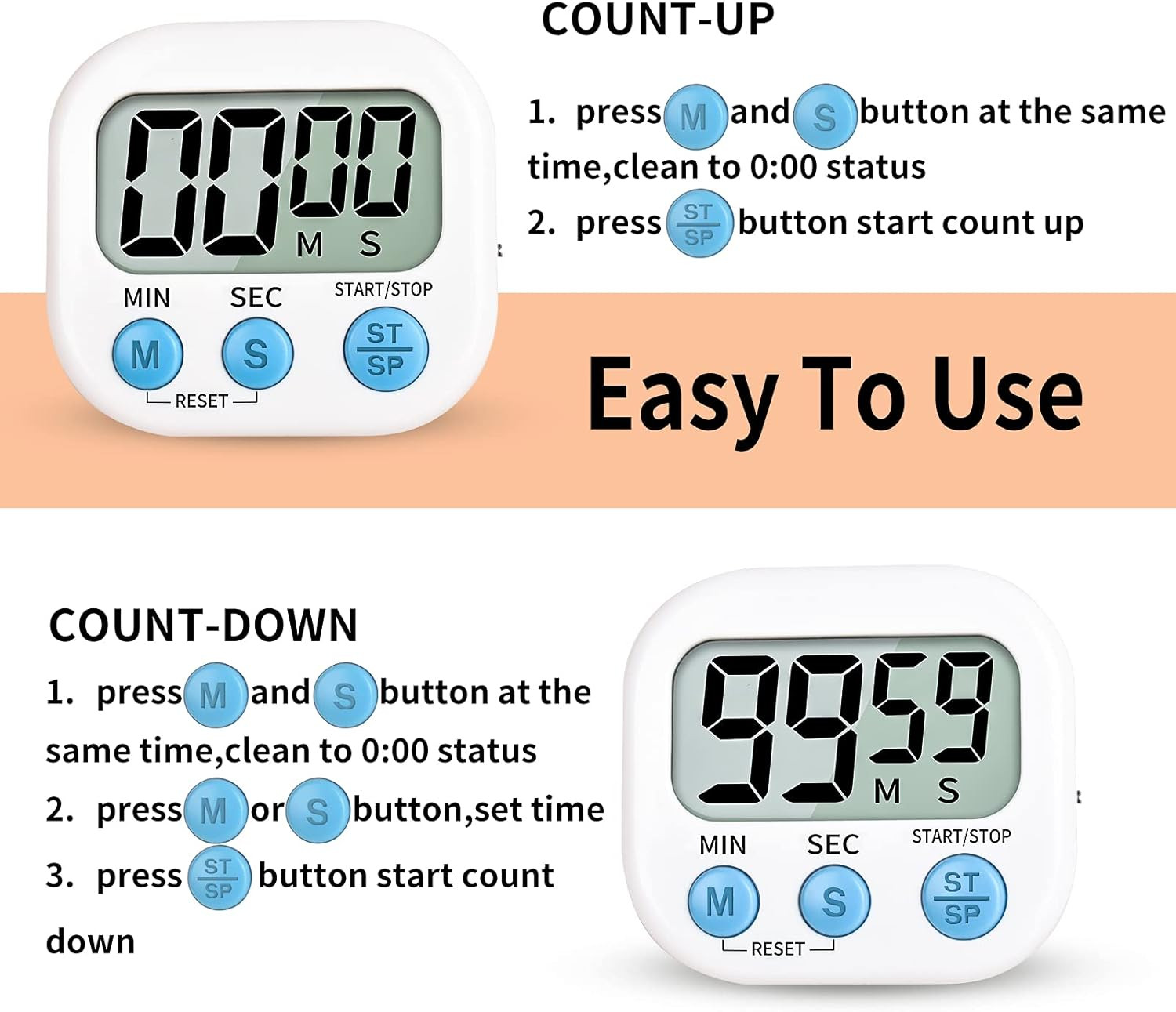 Large LCD Digital Kitchen Cooking Timer Count Down Up Clock Loud Alarm Magnetic