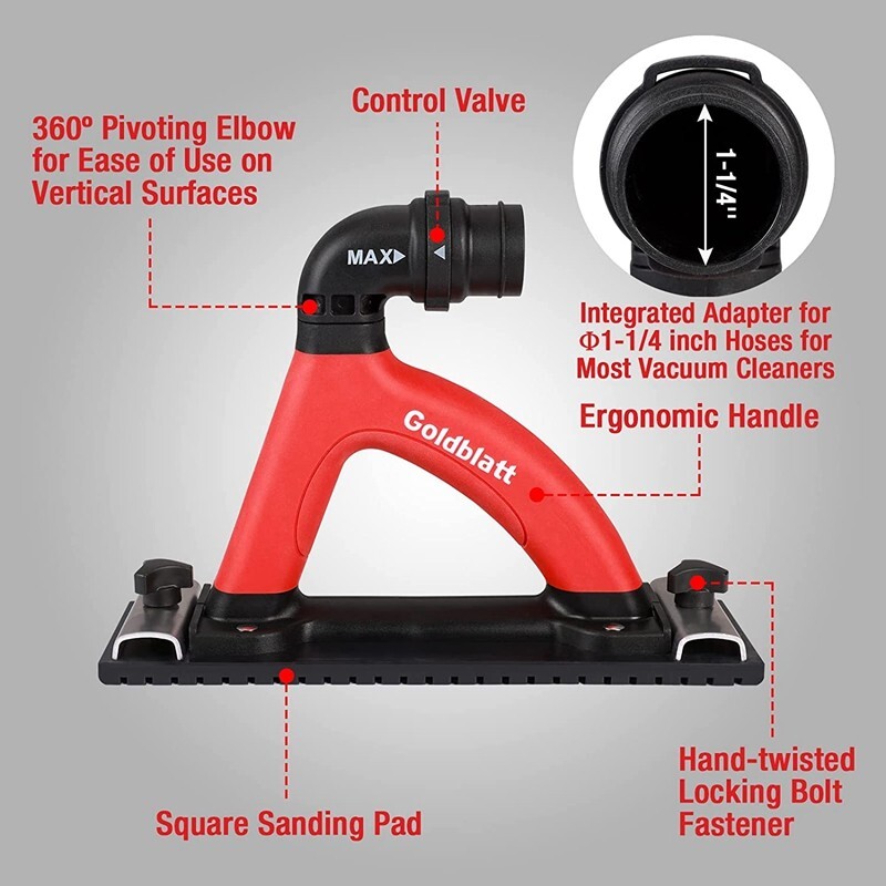 Goldblatt Hand Sander Set Dustless Drywall Vacuum Sander 6.5ft Hose Sanding Pads