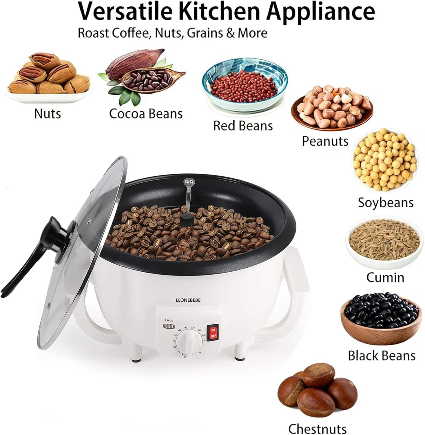 Electric Home Coffee Roaster – Adjustable Temp, 1.6 lbs Capacity, Smoke Reduced