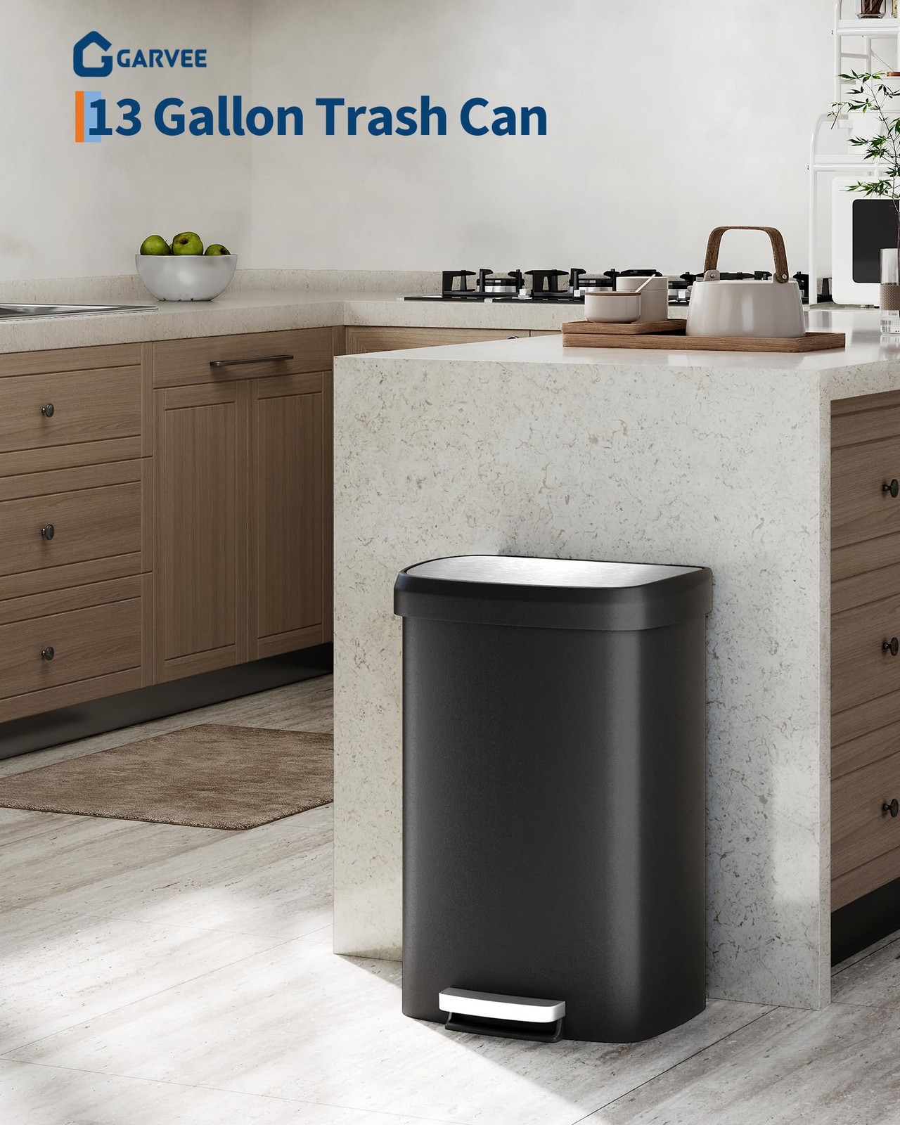 Plastic Garbage Can 13 Gal with Lid Step-On Soft Close Rear Handle Kitchen