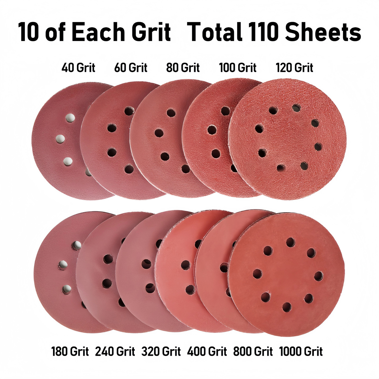 110Pcs 5in 8 Hole Sanding Discs Orbital Sandpaper Hook and Loop Assortment Grit