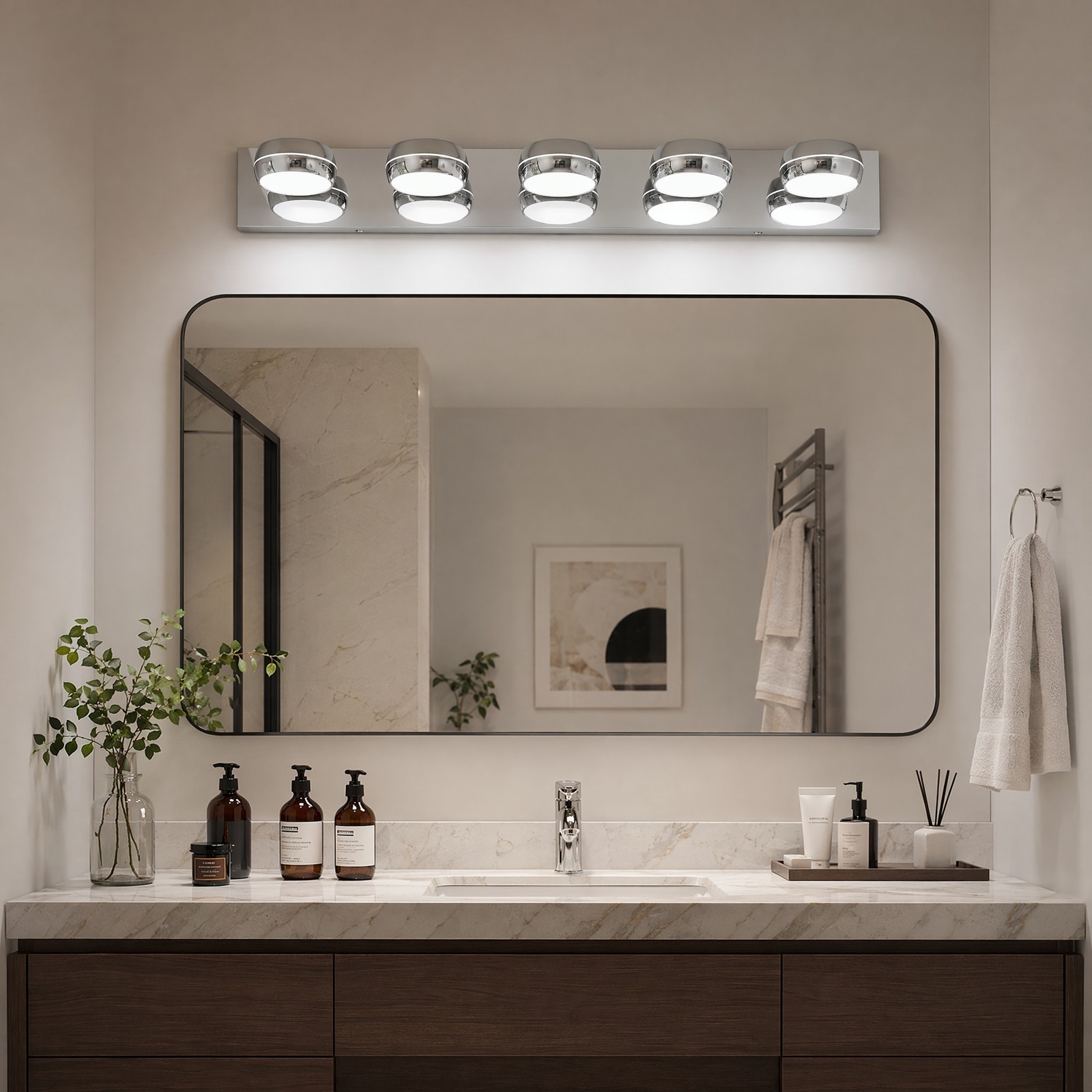 35 in 5 Light Modern Chrome LED Vanity Bathroom Over Mirror Wall Sconce Fixture