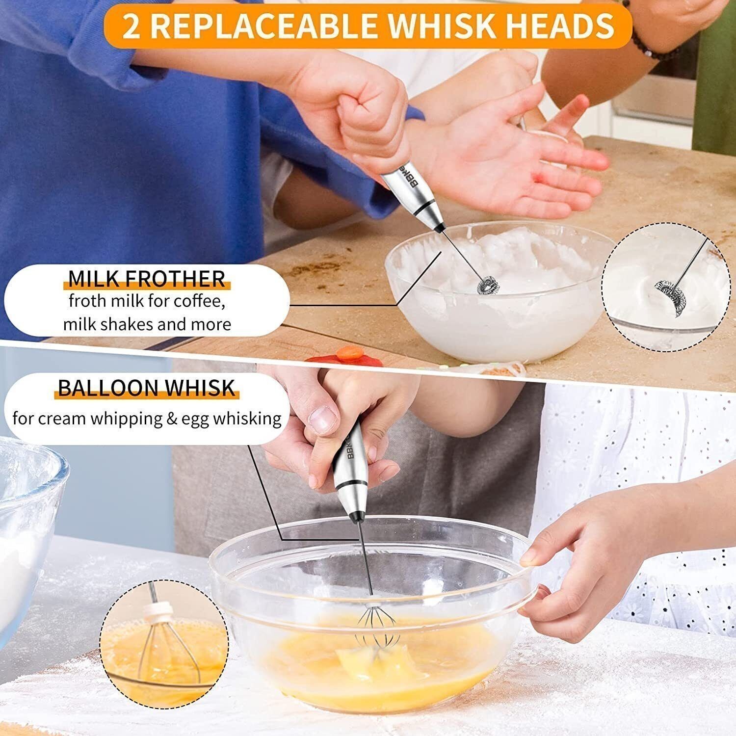 Electric Milk Frother Double Whisk Handheld Coffee Foam Mixer USB Rechargeable