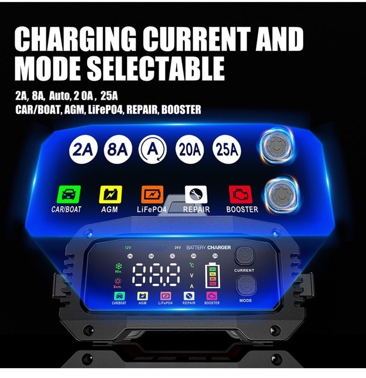 Fully Automatic Battery Charger, 25A 2/8/20/25 Amp 12V/24V LiFePO4 Lead Acid