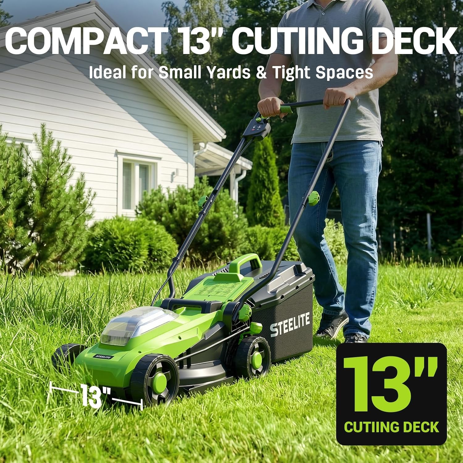 STEELITE 13″ Cordless Electric 21V Brushless Motor Lawn Mower with 4.0Ah Battery