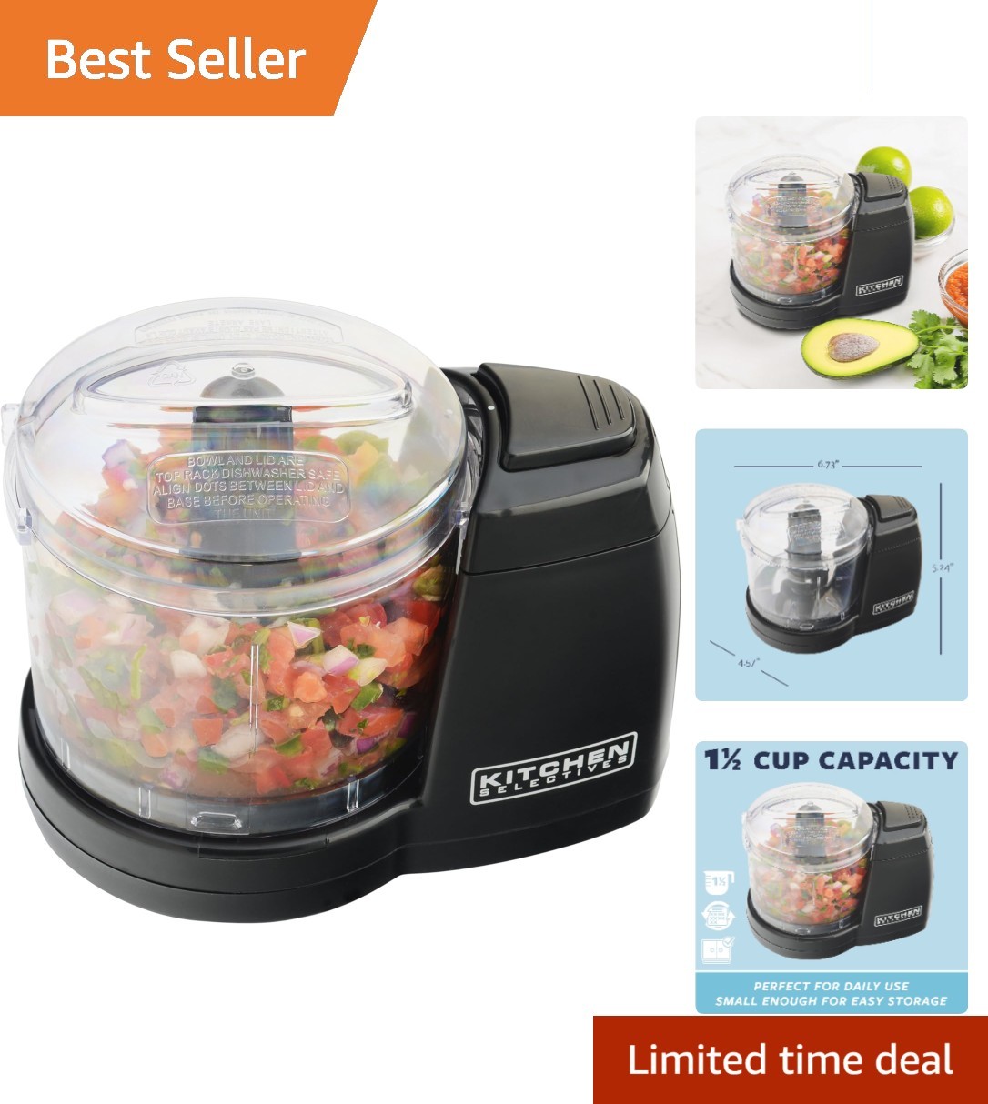 Compact 35-Watt Electric Vegetable Chopper with Dishwasher-Safe Parts – Black