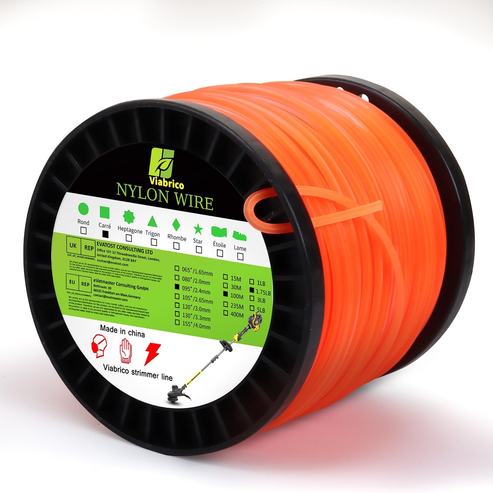 Viabrico .095″ Weed Eater String, Square Orange Heavy 1.7LB x .095 in,
