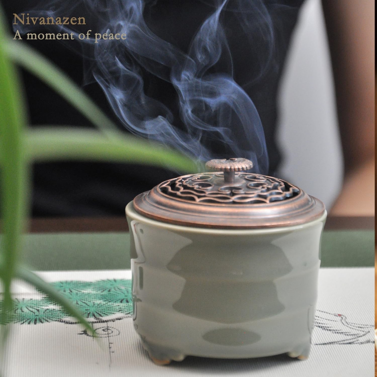 Incense Burner Ceramic Green Cone Coil Powder Holder Lid Ash Catcher 3.12in