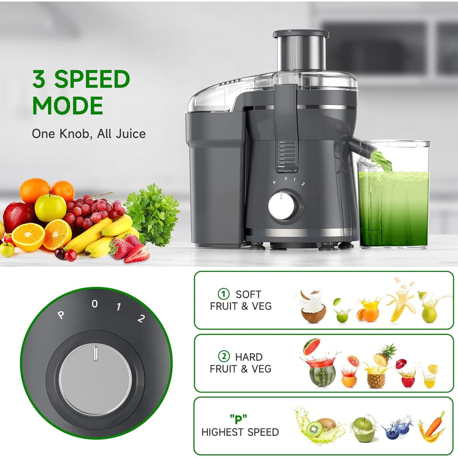 Juicer Machine, 500W Centrifugal Extractor with 3 Speed & Meduim, Grey