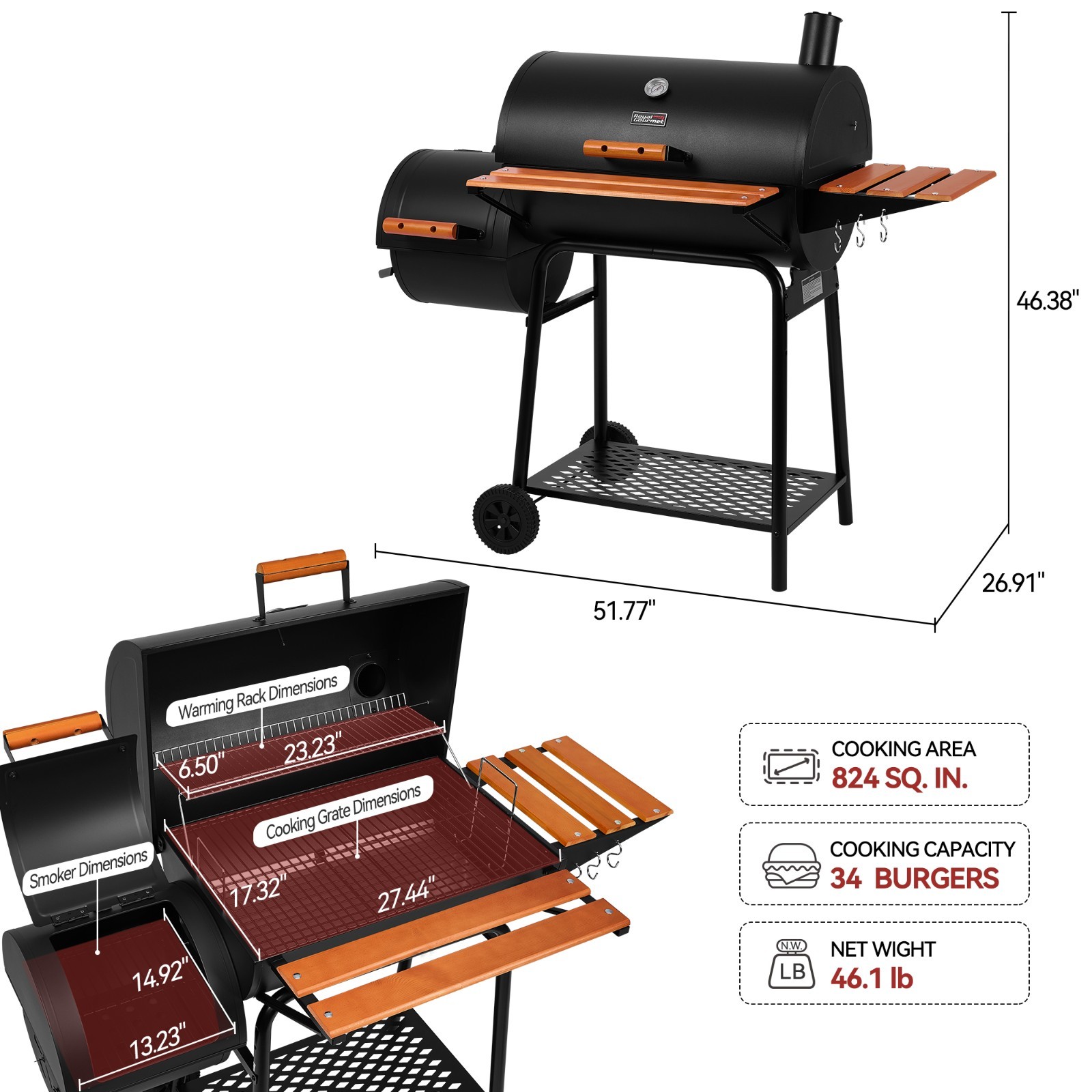 Royal Gourmet Charcoal Grill with Offset Smoker,Side Table and Front Table,Black