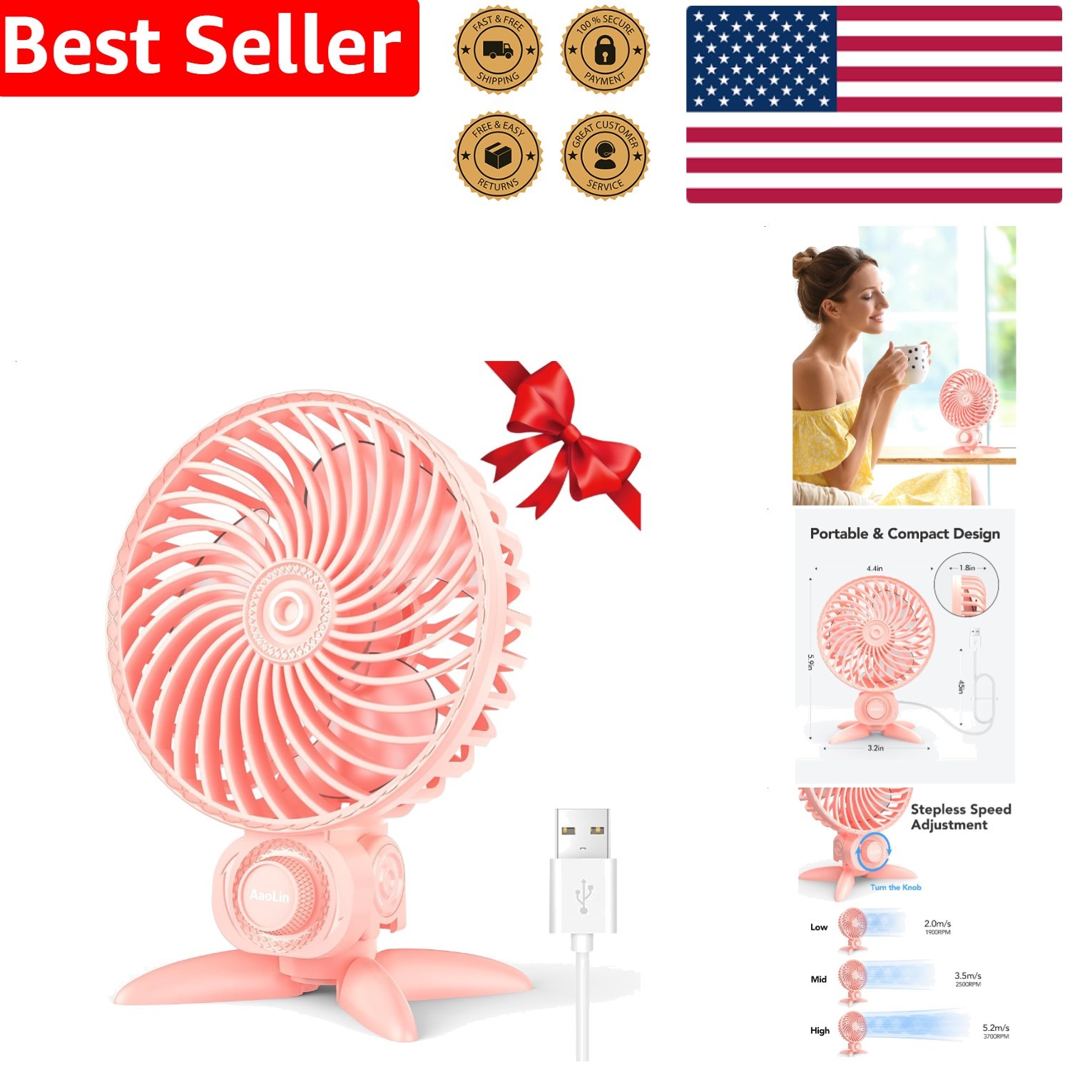 Stepless Speed USB Desk Fan, Pink Mini Portable Personal Cooler, Quiet Airflow