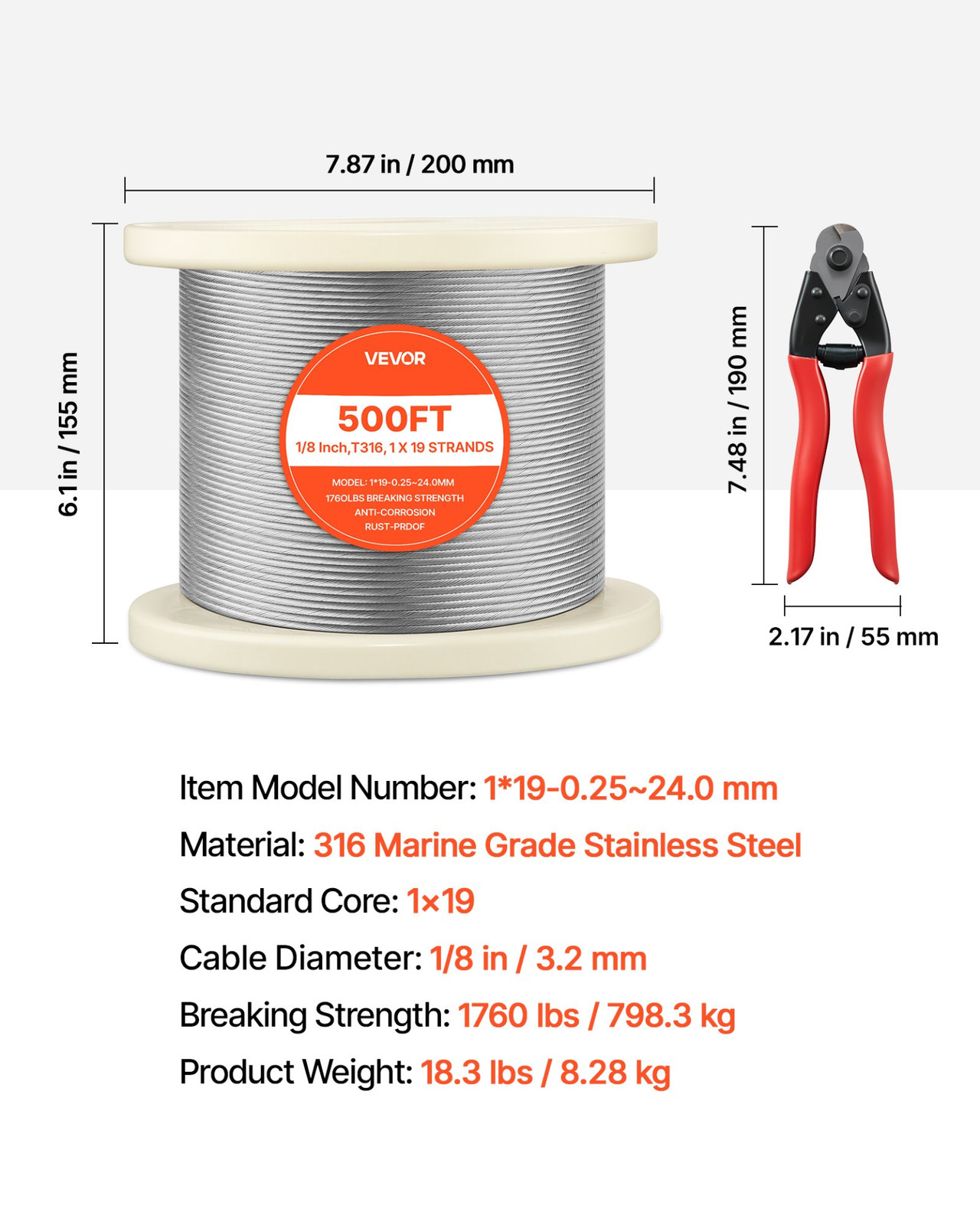 1/8 Inch Wire Rope – 500 ft Stainless Steel Cable with Cutter, 1760 lbs Breaking
