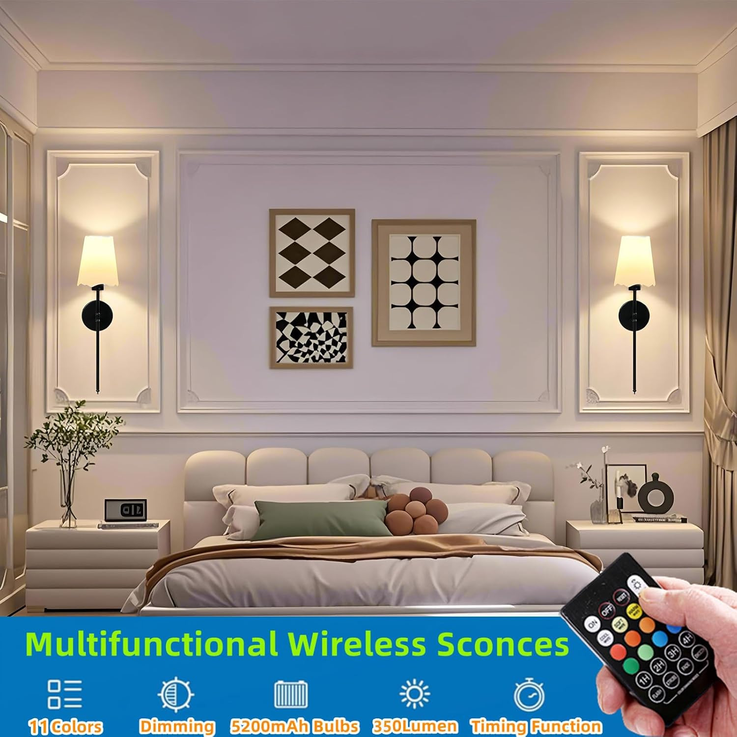 Rechargeable Battery Wall Sconce Set of 2, Dimmable LED with Remote Control