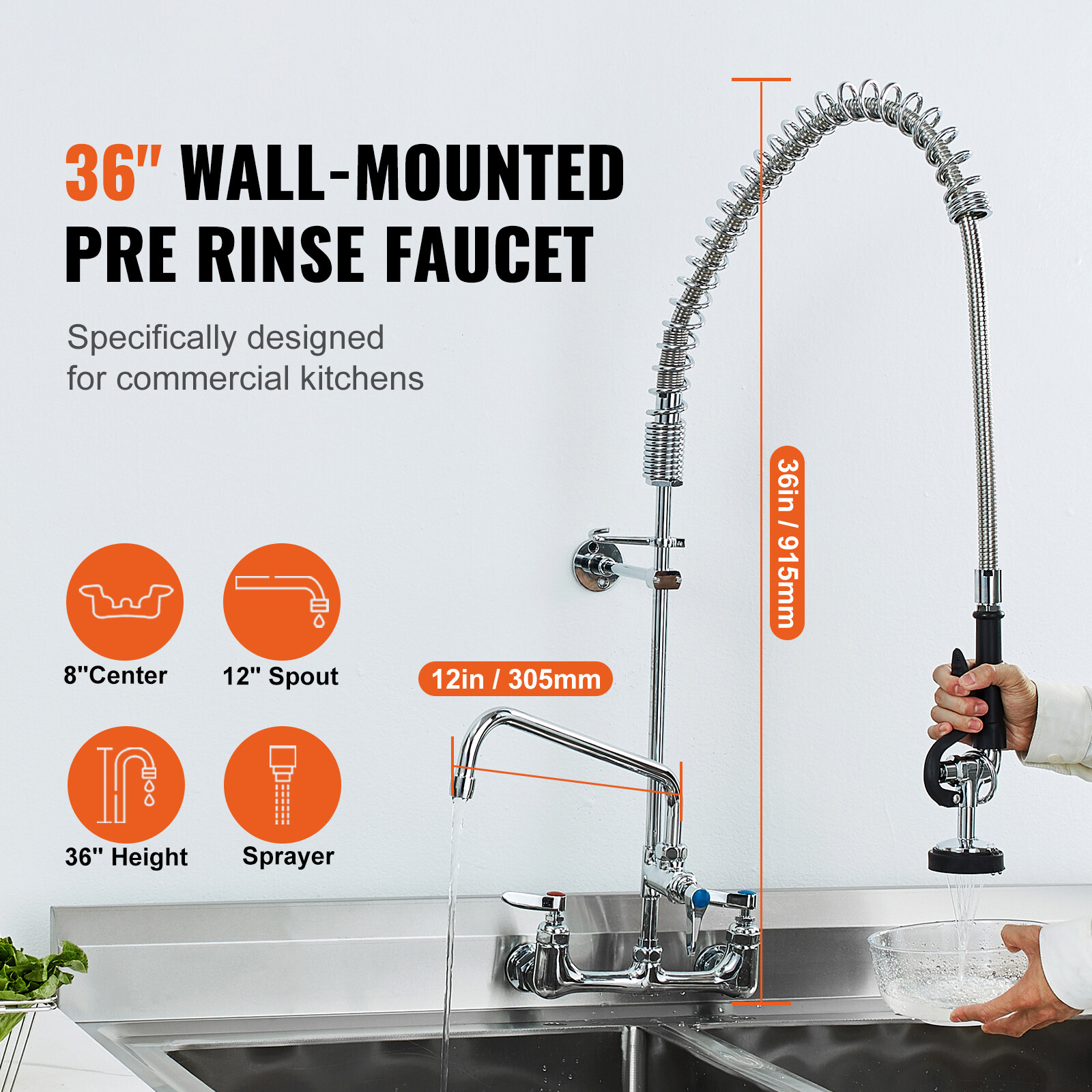 VEVOR 36″ Commercial Pre-Rinse Faucet Wall Mount Kitchen Sink Faucet w/ Sprayer