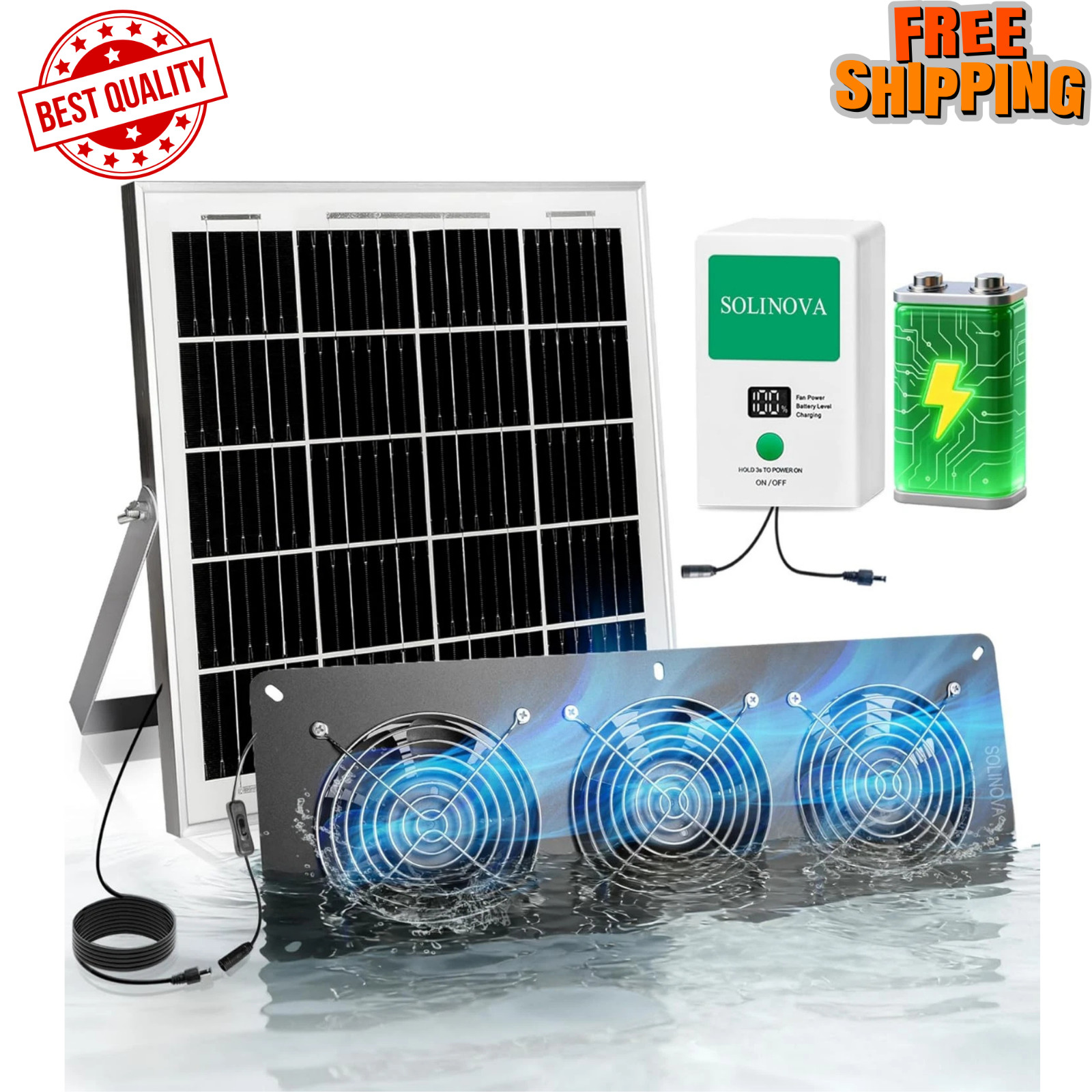 Solar Fan, 25W Solar Exhaust 3-Fan with 7500Mah Battery, Solar Powered Fan for I