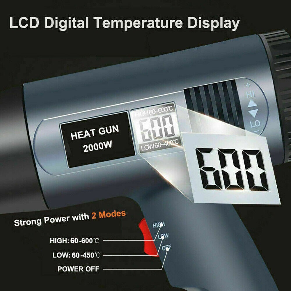 2500W Heat Gun Hot Air Gun Adjustable Temperature LCD Display Nozzles Power Tool