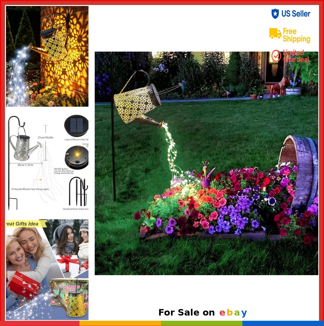 Solar Watering Can Lights Outdoor Metal Garden Decor With Shepherd Hook LED