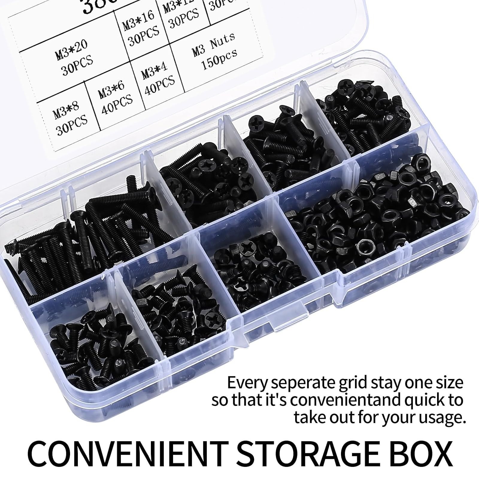 M3 Flat Head Machine Screws & Hex Nuts Kit, 380 Pcs, Black Phillips