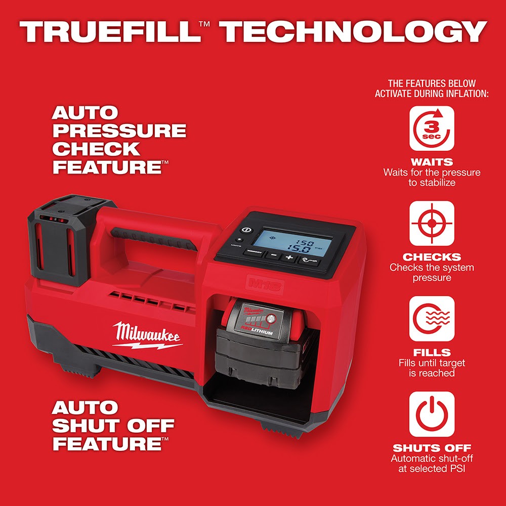 Milwaukee 18V M18 Cordless Compact Tire Inflator, On-Board Hose & Nozzle Storage