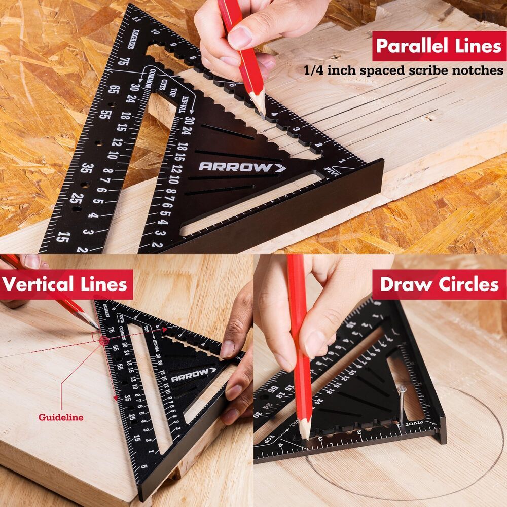 Arrow 2PCS Aluminum Alloy Carpenter Square Set 7″ 12″ Rafter Square Layout Tools
