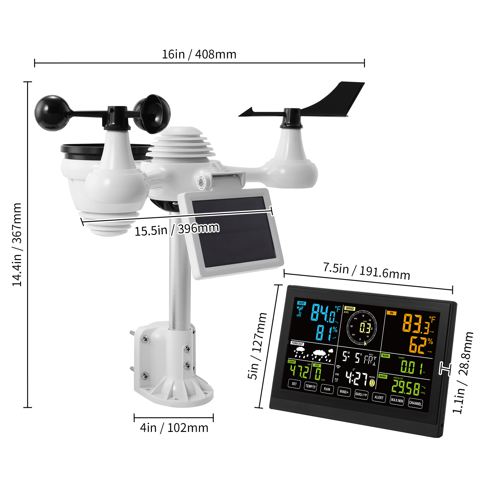 7-in-1 Wi-Fi Weather Station 7.5 in Color Display Wireless Outdoor Sensor