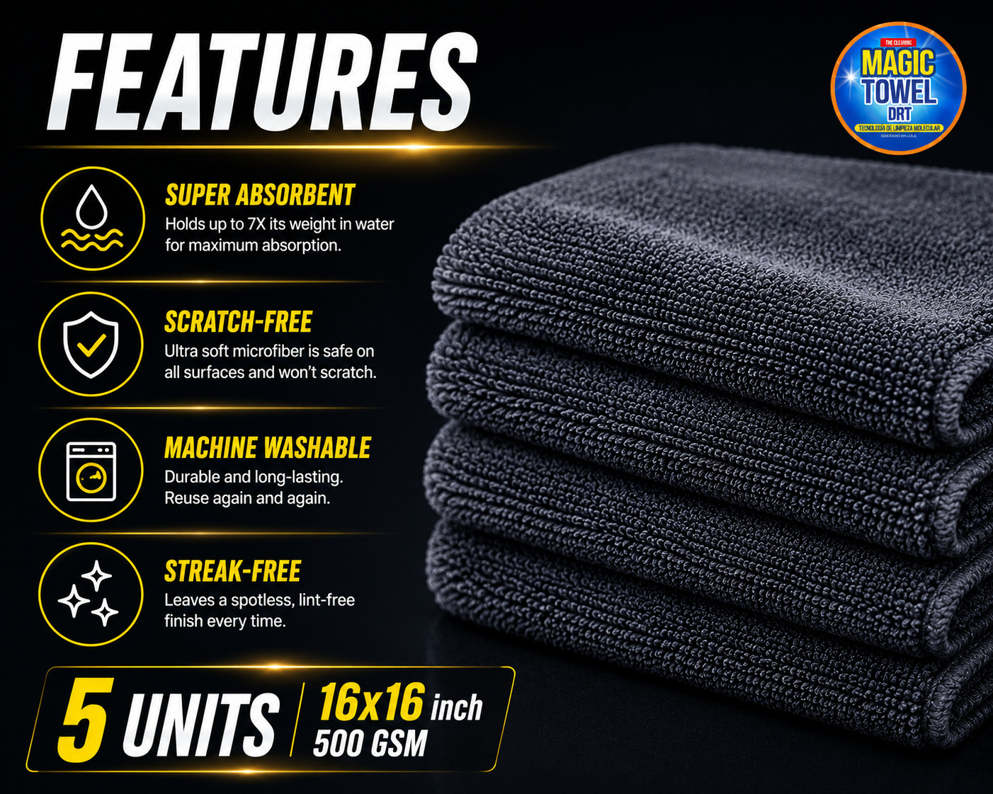 5-Pack Microfiber Car Detailing Towels 16×16 500 GSM Twisted Terry Scratch-Free