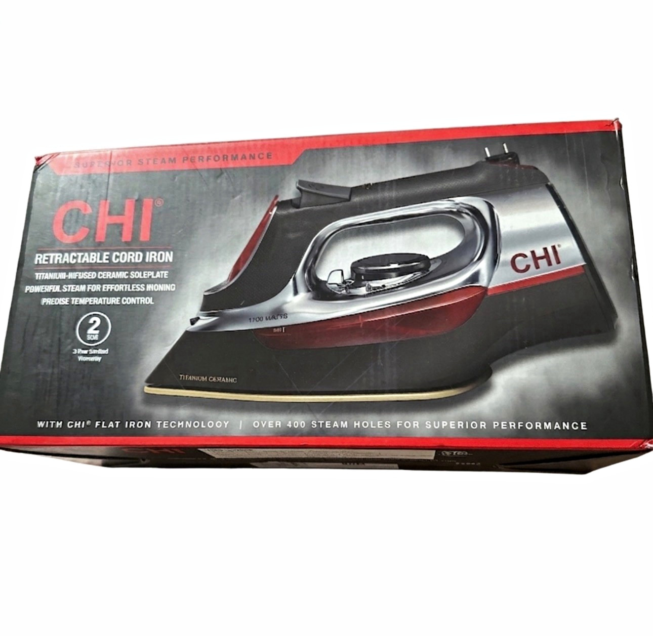 CHI Steam Iron Retractable Cord Ceramic Soleplate 1700W Black/Silver/Red