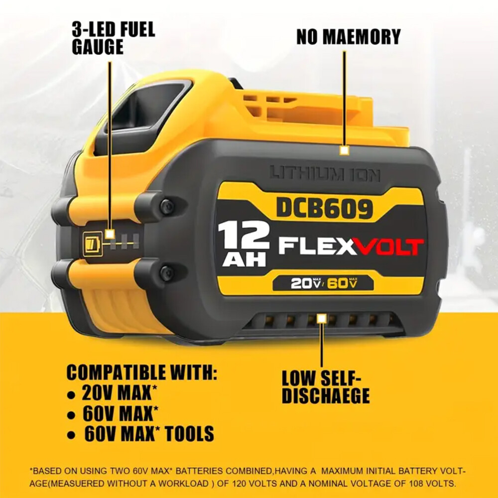 12.0Ah For DEWALT FLEXVOLT DCB609 20V/60V MAX Lithium-lon Battery DCB606 DCB612