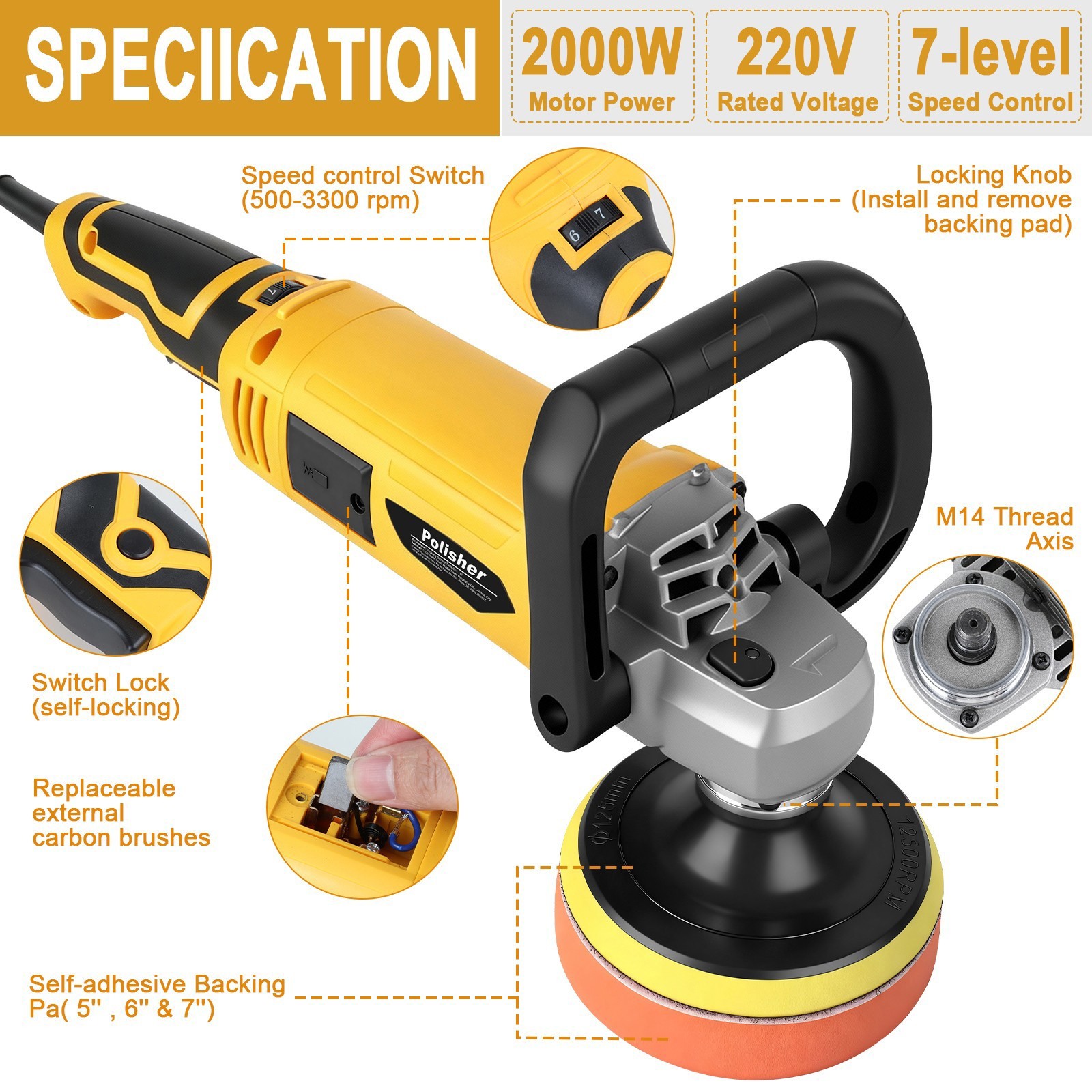 Car Buffer Polisher Waxer 7-Speed Rotary 5″6″+7″ Backing Plate Polishing Machine