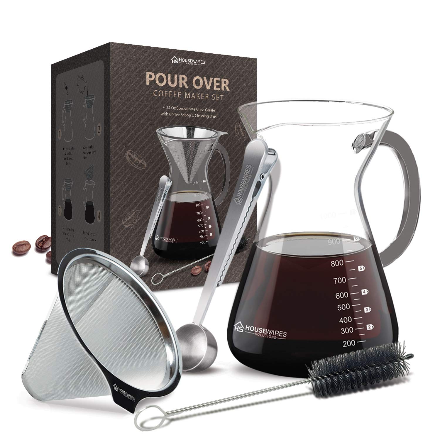 Pour Over Coffee Maker Set – 34 oz Large Borosilicate Glass Stainless Steel