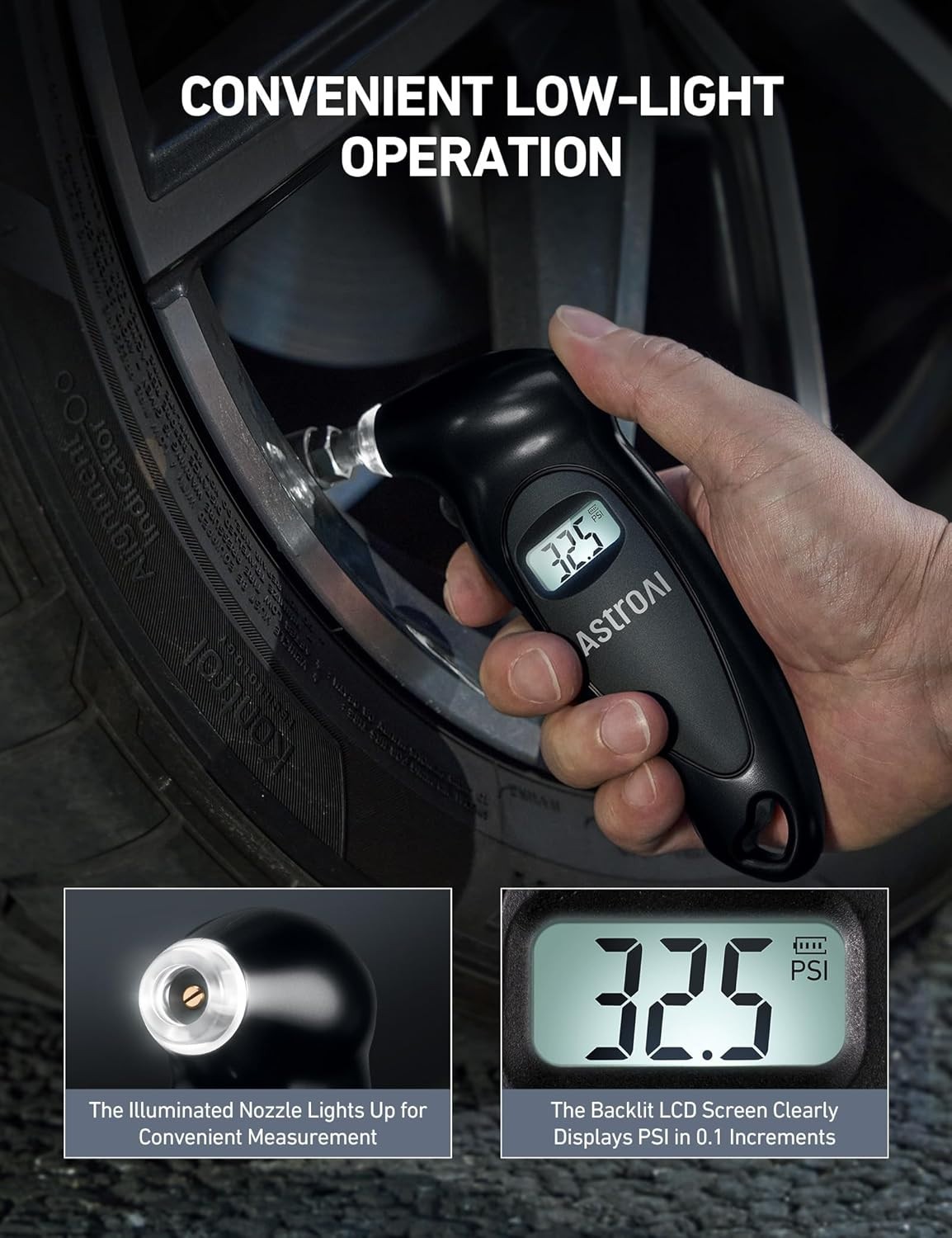 BLACK AstroAI Digital Tire Pressure Gauge 0-150PSI, Accurate in 0.1 Increments