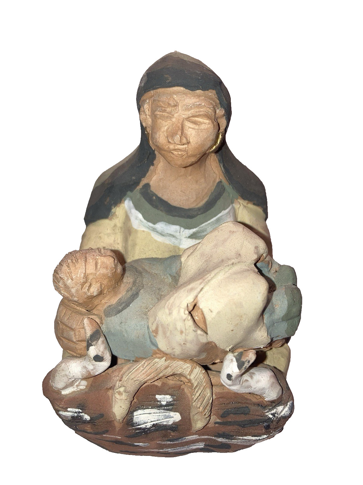 Egyptian Terracotta Clay Snake Charmer Figurine Holding Child Over Cobras Signed
