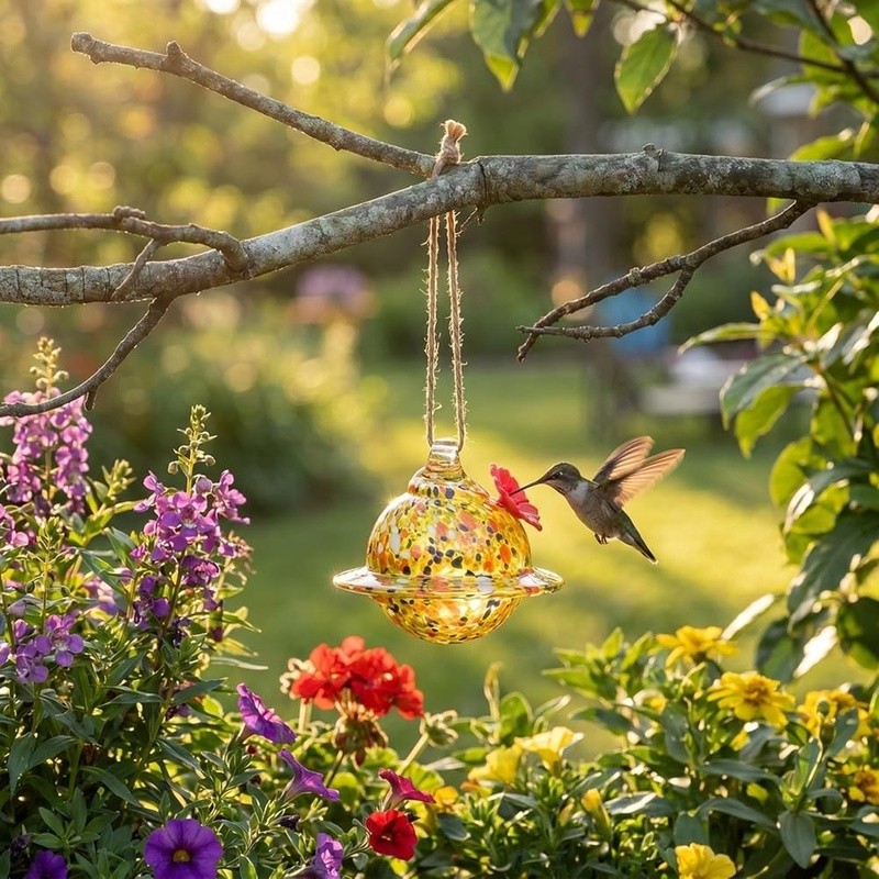 Artisan Glass Hummingbird Feeder Unique Design Garden Décor Easy Clean Reusable